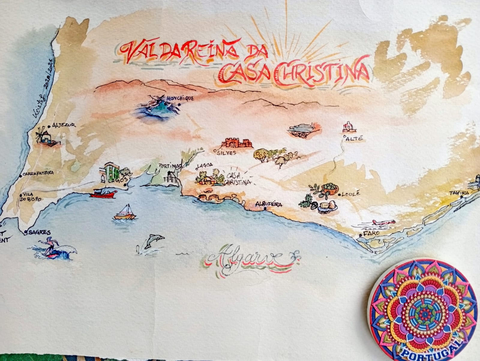 Carte aquarelle de l'Algarve situant Valdareina da Casa Christina près de Lagoa, entre Portimão et Albufeira
